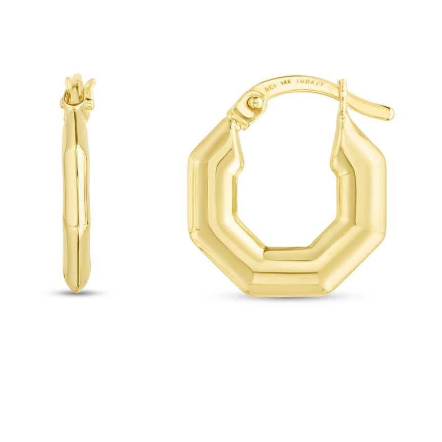 14K Puffed Hexagon Hoops-Yellow | Hinged