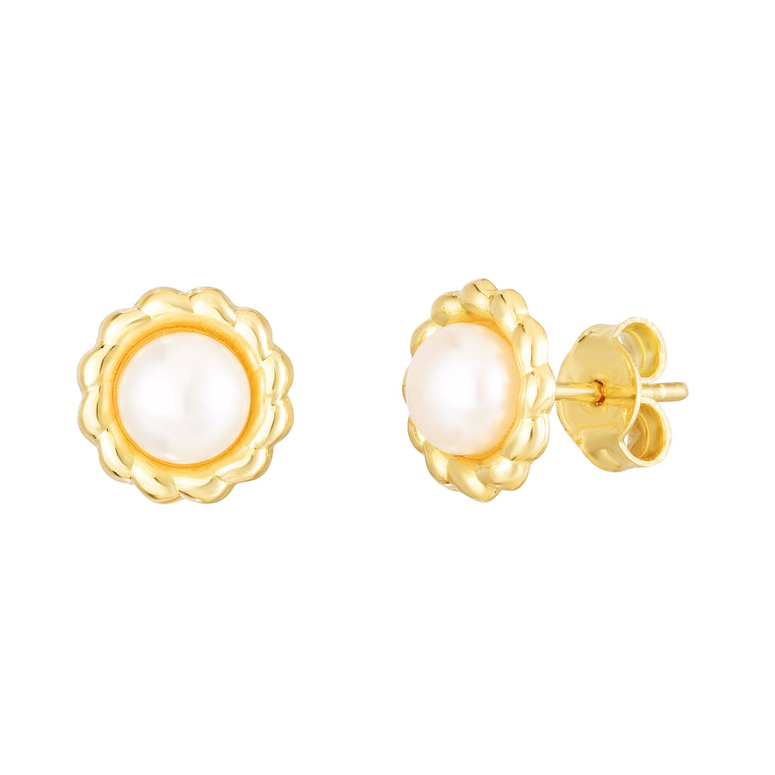 14K Pearl Flower Studs-Yellow | Push Back