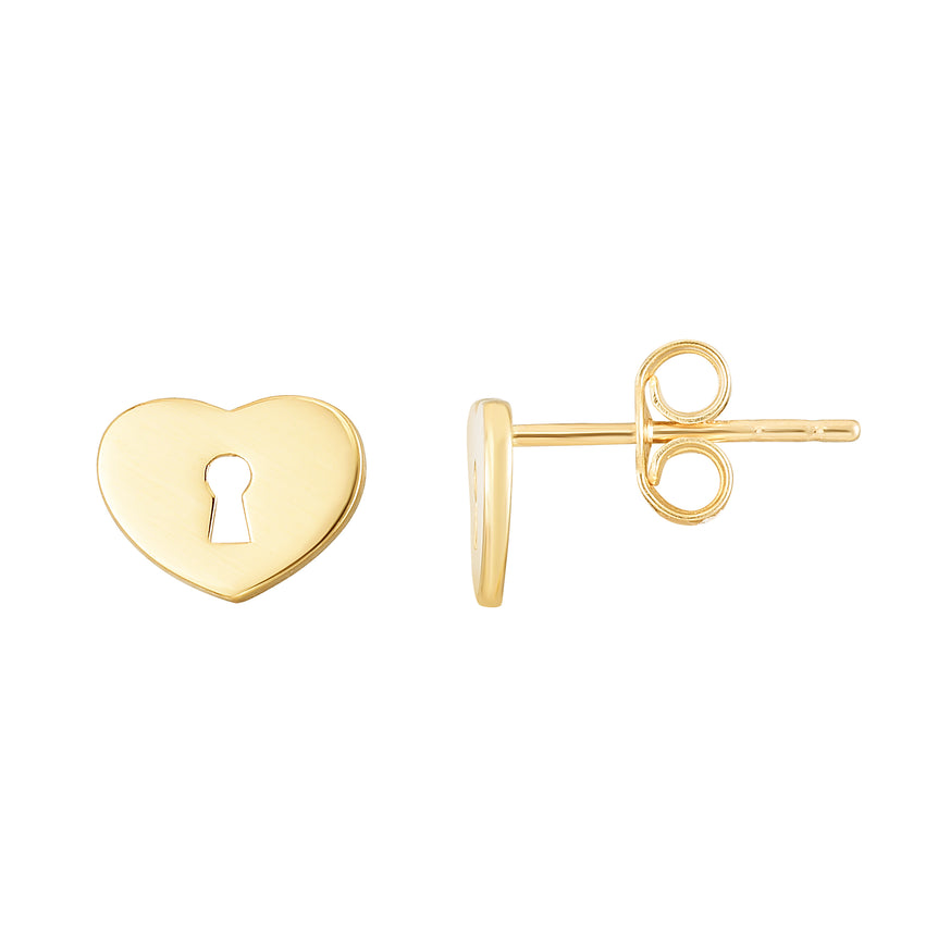 14K Heart Padlock Studs-Yellow | Push Back