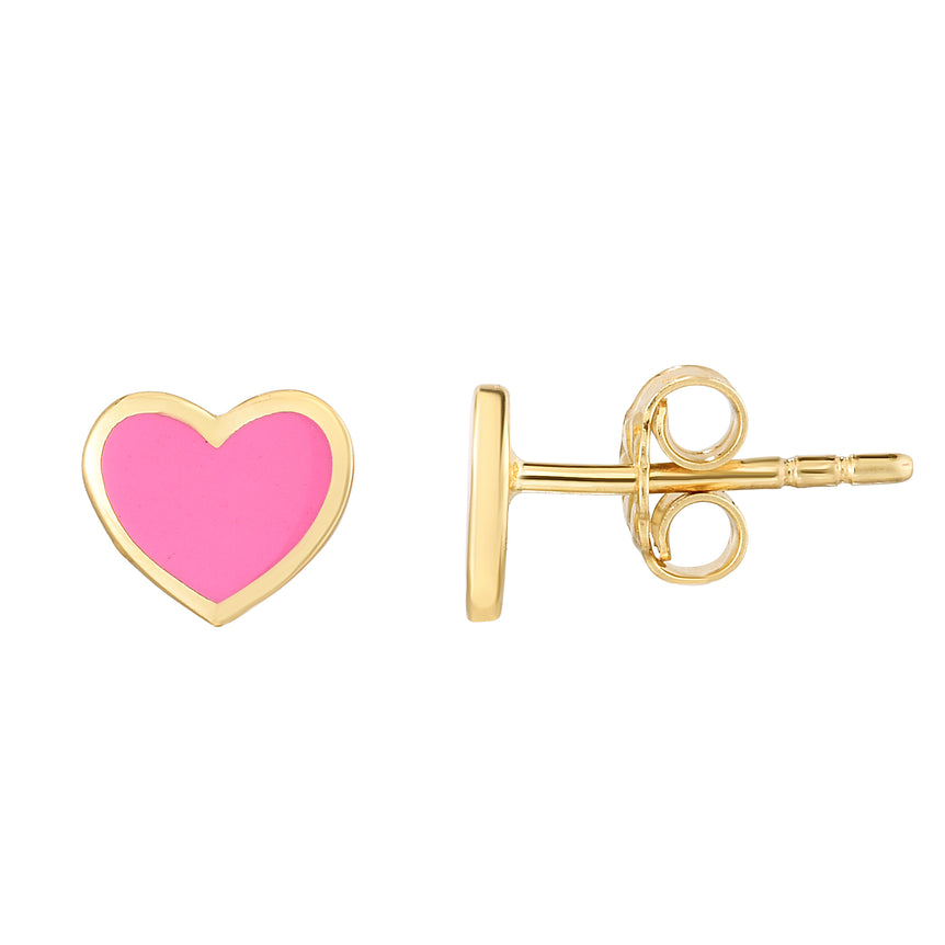 14K Heart Enamel Earrings-Yellow | Push Back
