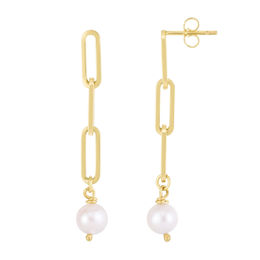 14K Pearl Paperclip Link Earrings-Yellow | Push Back