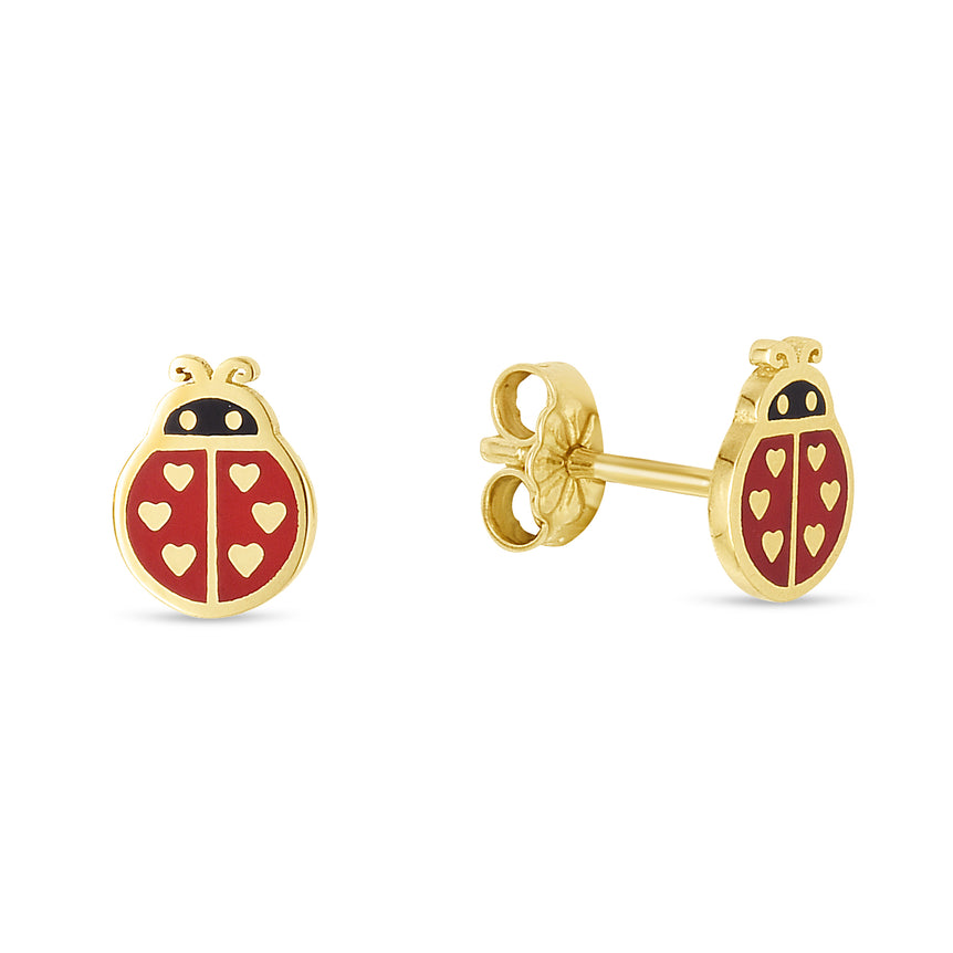 14K Gold Ladybug Enamel Earrings-Yellow | Push Back