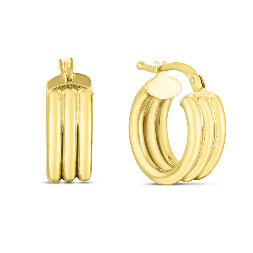 14K 10mm Small Triple Row Round Hoops-Yellow | Hinged