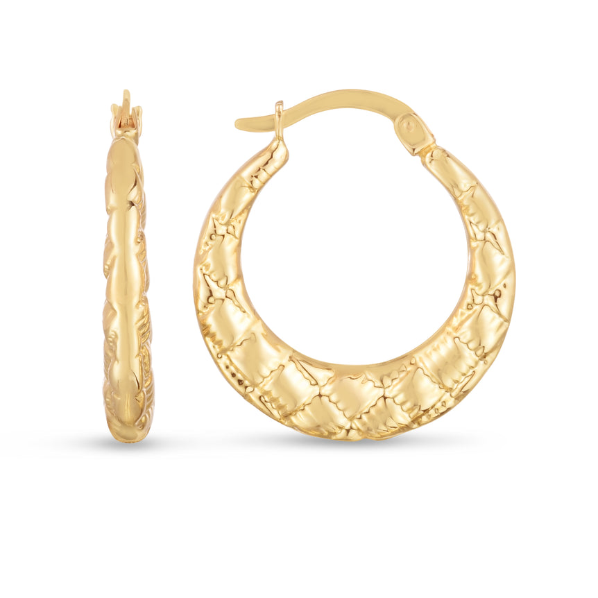 14K Puffed Checkerboard Hoops-Yellow | Hinged