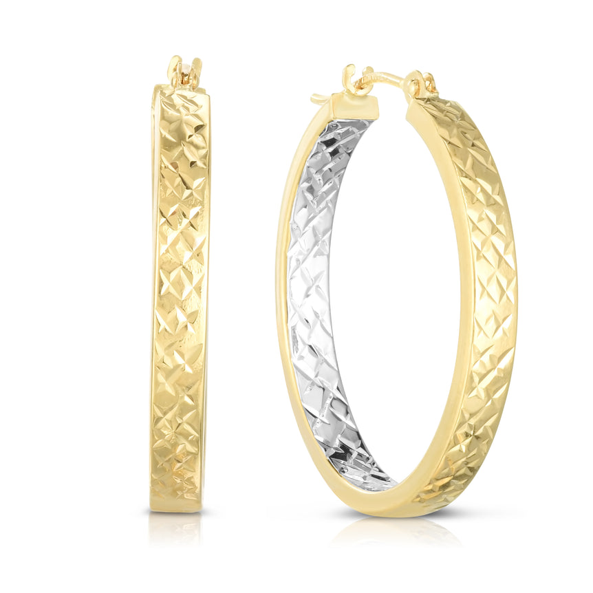 14K Yellow & White Gold Diamond Cut Hoop Earring-Two-tone | Hinged