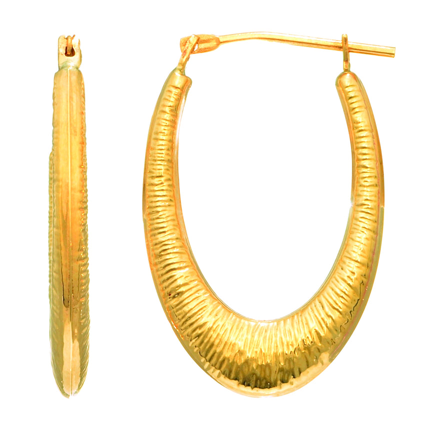 14K Gold Graduated Textured Oval Back to Back Hoop Earring-Yellow | Hinged