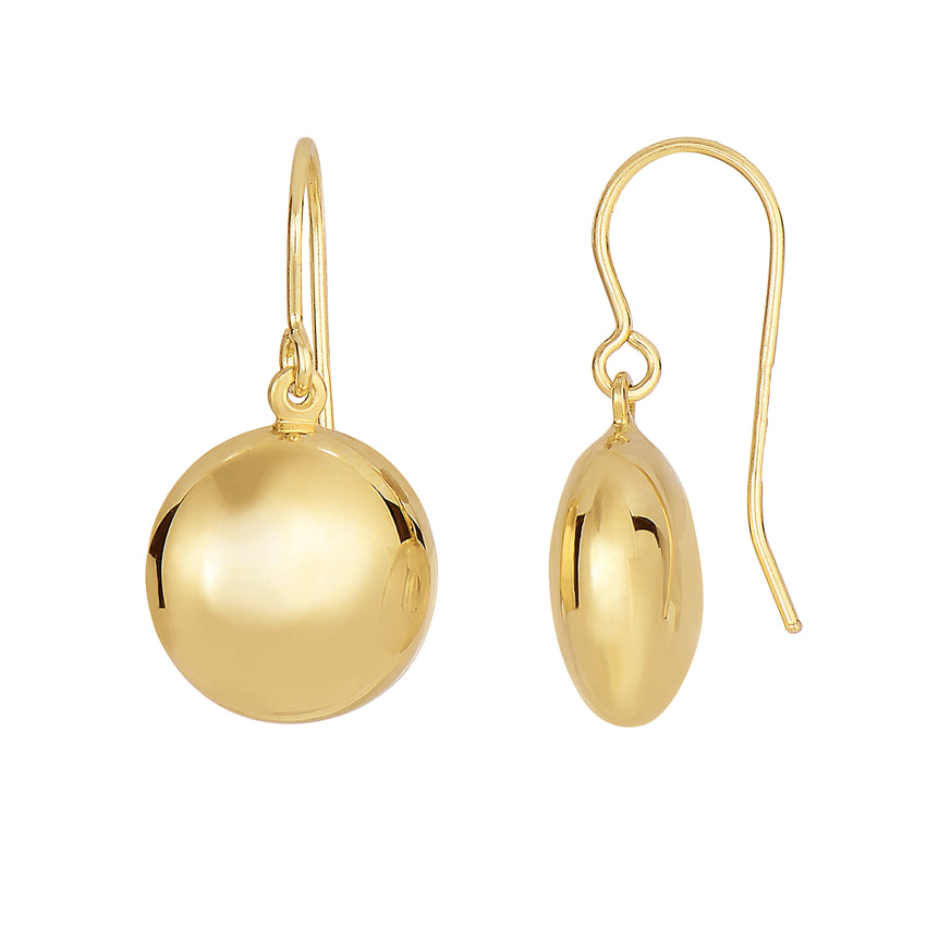 14K Gold Polished Round Drop Earring-Yellow | Euro Wire