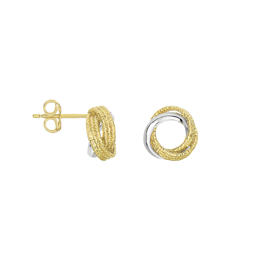 14K Gold Diamond Cut & Polished Open Center Love Knot Stud Earring-Two-tone | Push Back