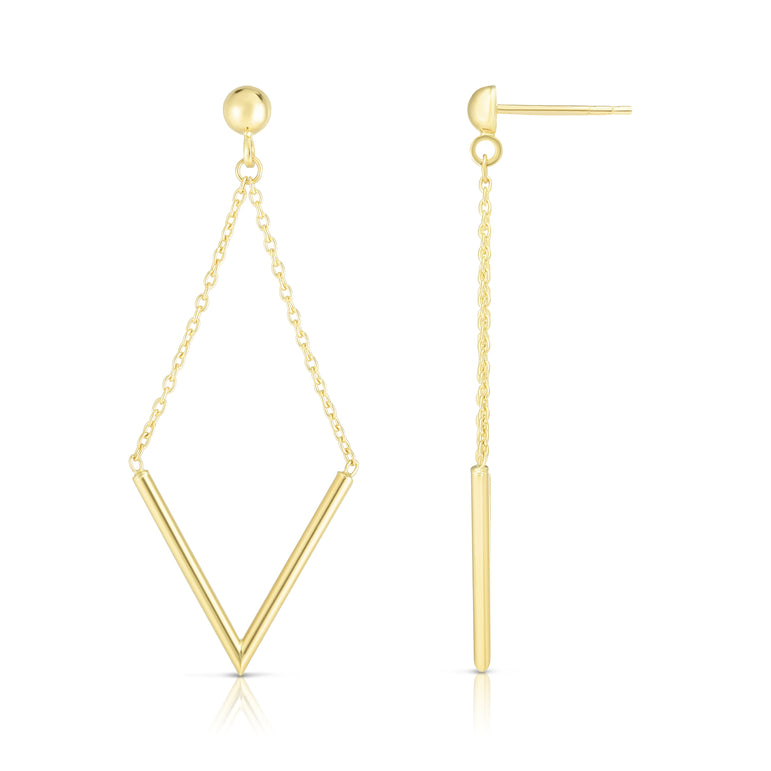 14K Gold Polished V Drop Earring-Yellow | Push Back
