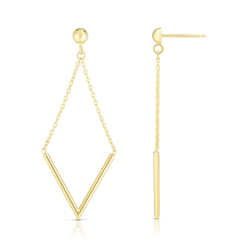 14K Gold Polished V Drop Earring-Yellow | Push Back