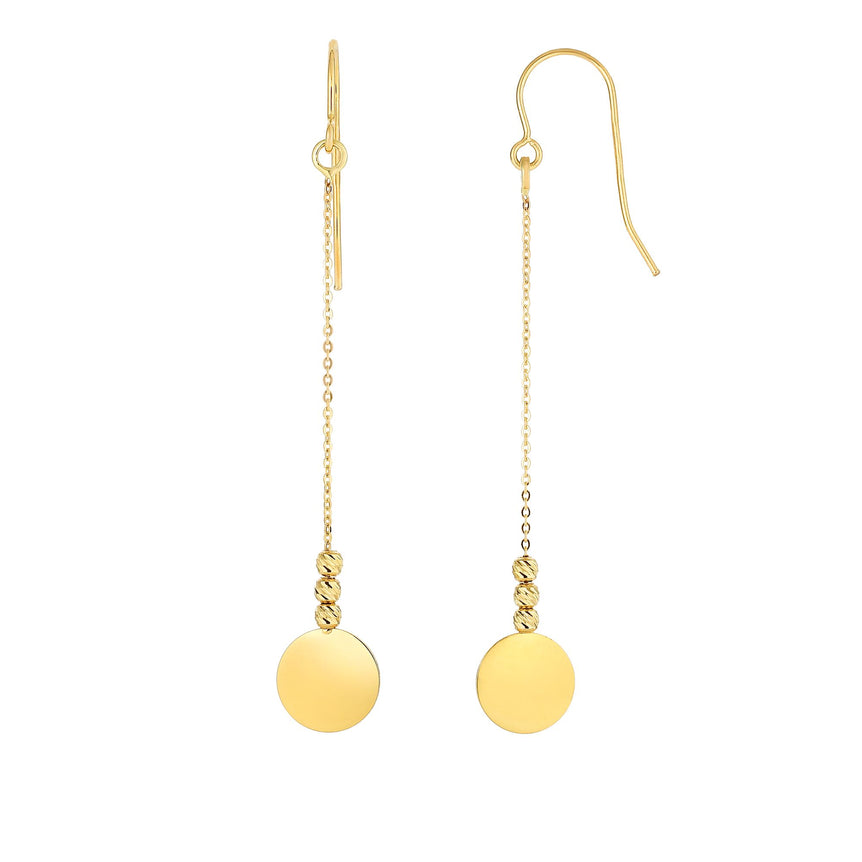 14K Gold Polished Disc & Bead Drop Earring-Yellow | Euro Wire