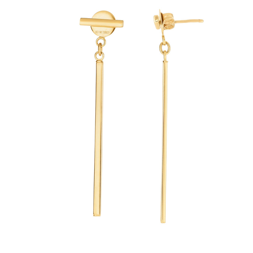 14K Gold Polished Bar with Horizontal Post Linear Drop Earring-Yellow | Push Back
