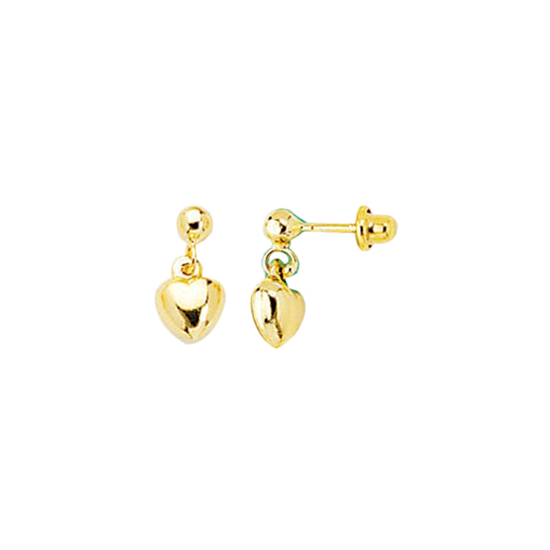 14K Gold Puffy Heart Dangle Earring-Yellow | Push Back