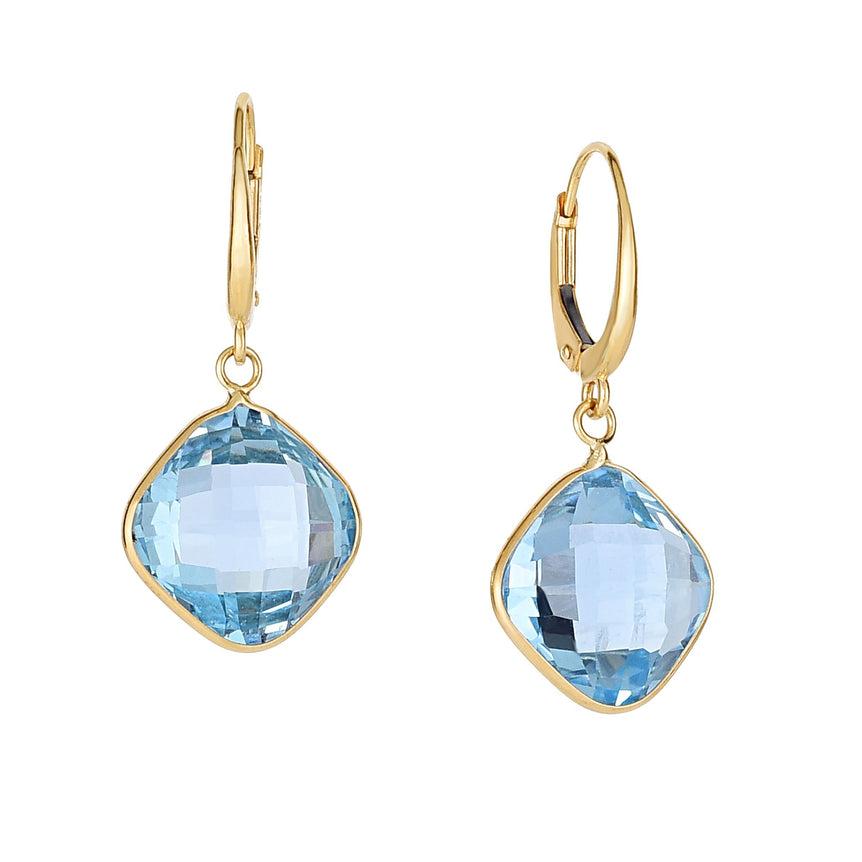 14K Gold Blue Topaz Cushion Drop Earrings-Yellow | Lever Back