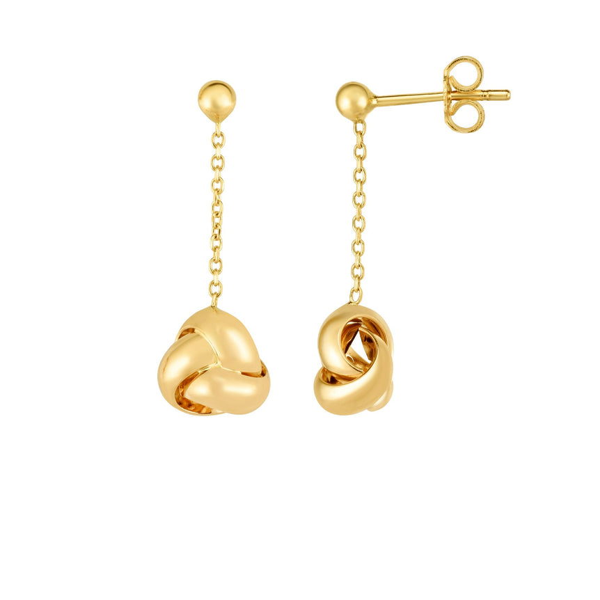 14K Gold Polished Love Knot Drop Earring-Yellow | Push Back