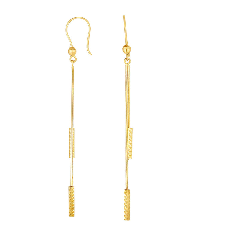 14K Gold Double Diamond Cut Bar Linear Drop Earring-Yellow | Euro Wire