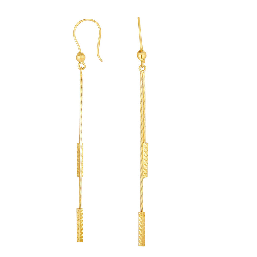 14K Gold Double Diamond Cut Bar Linear Drop Earring-Yellow | Euro Wire