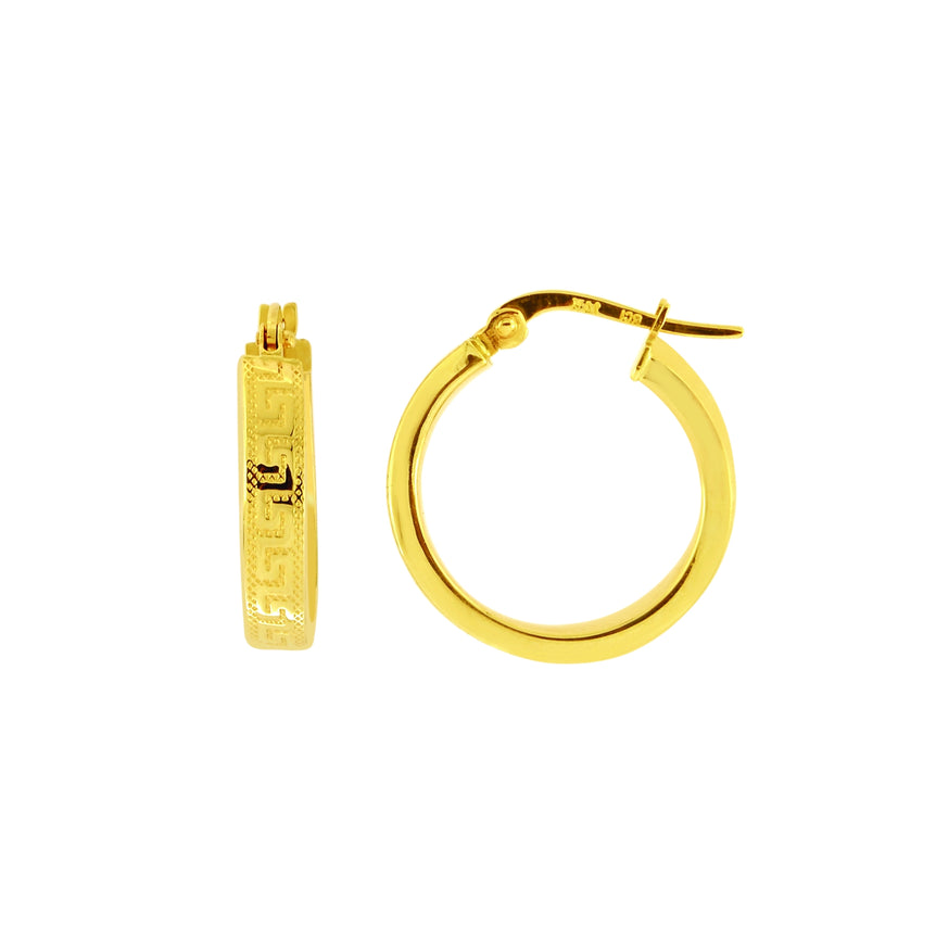 14K Gold Polished Greek Key Exterior Hoop Earring-Yellow | Hinged
