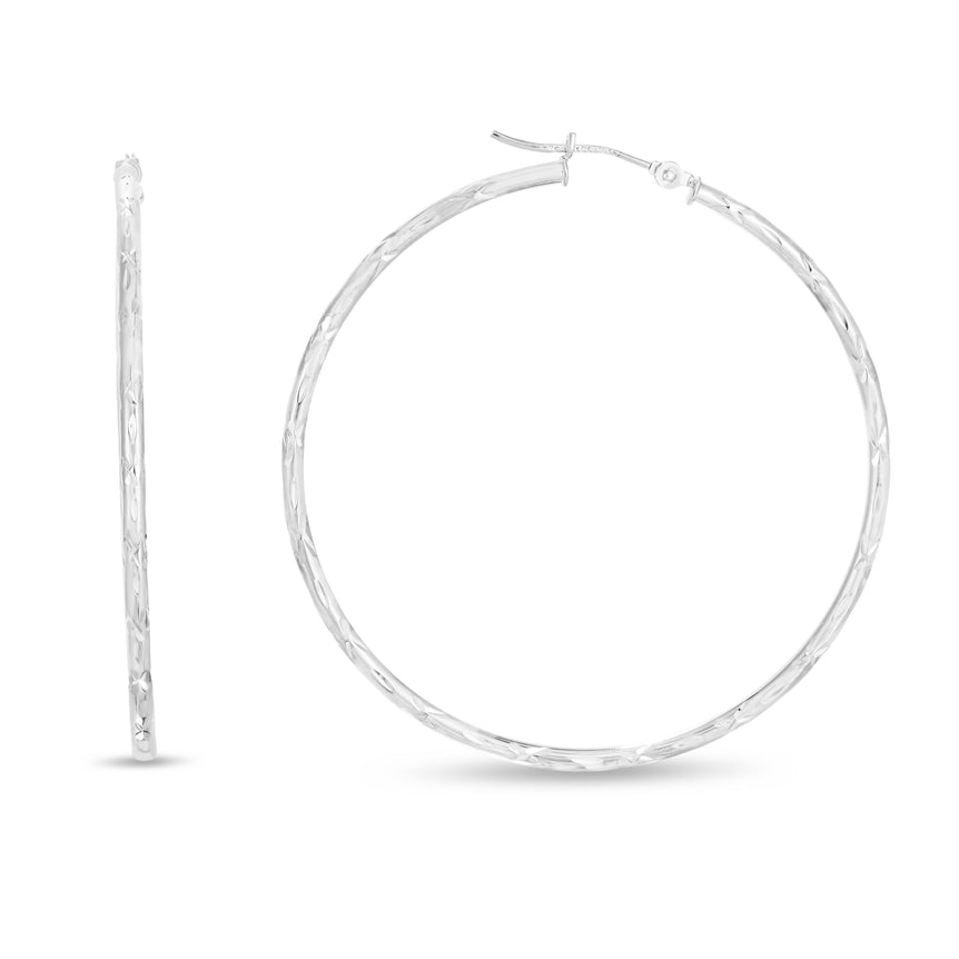 14K Gold 2mm Diamond Cut Hoop Earring-White | Hinged