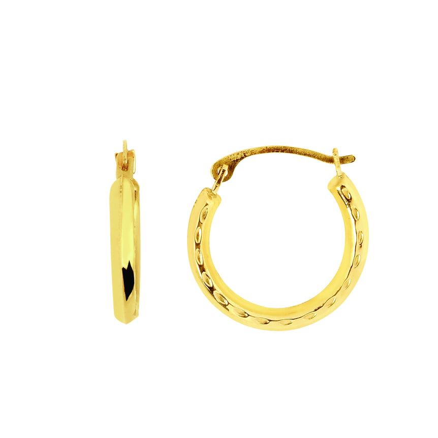14K Gold Polished with Diamond Cut Detail Back to Back Hoop Earring-Yellow | Hinged