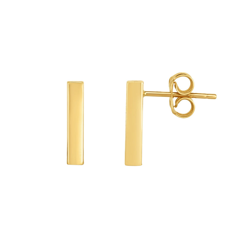 14K Gold Medium Polished Bar Stud Earring-Yellow | Push Back