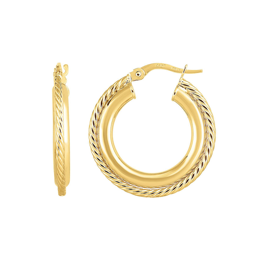 14K Gold Small Polished & Twist Hoop Earring-Yellow | Hinged