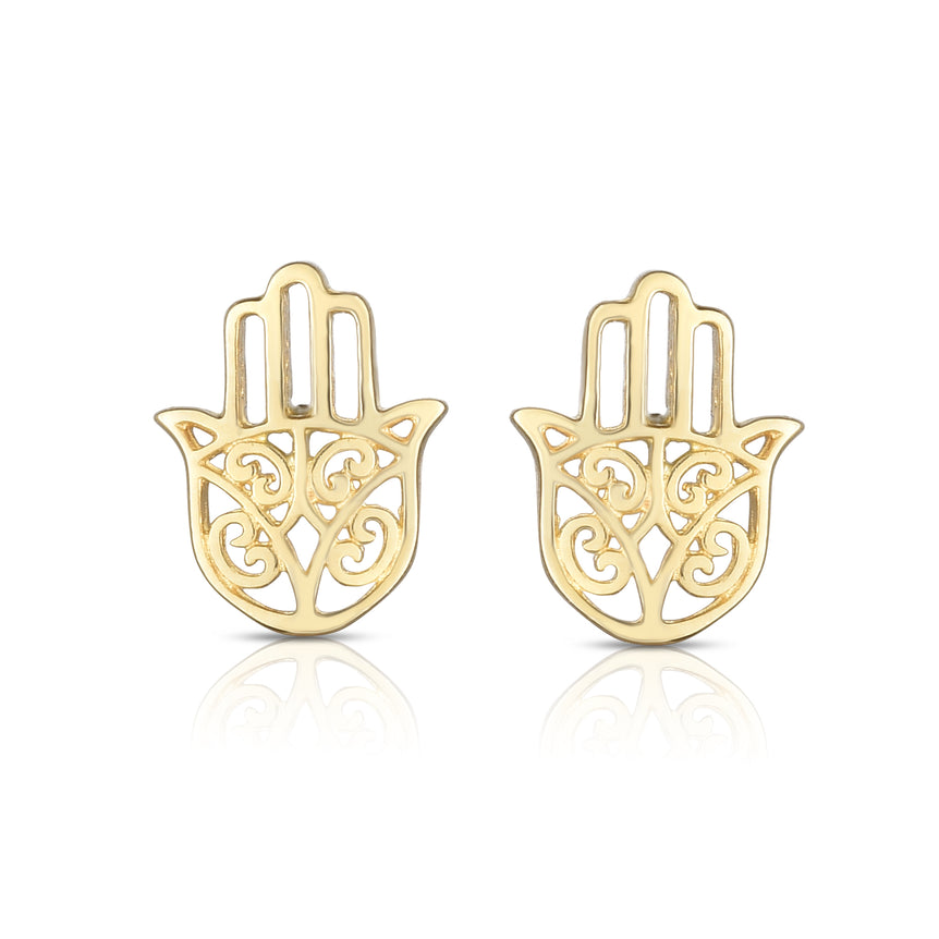 14K Gold Hamsa Stud Earring-Yellow | Push Back