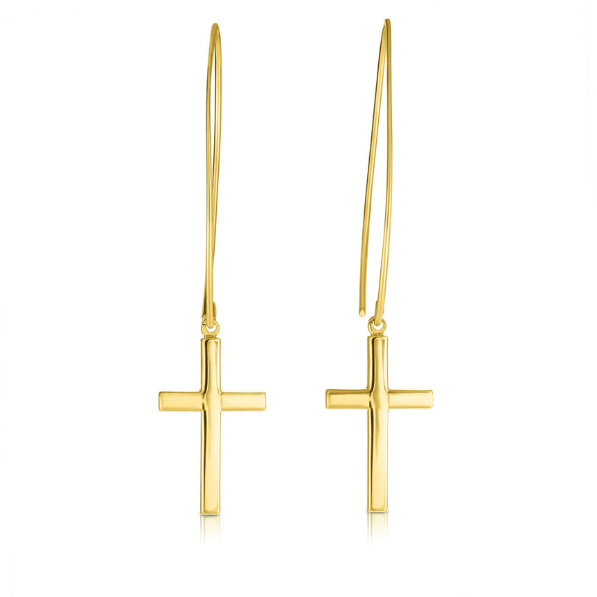 14K Gold Small Cross Threader Earring-Yellow | Euro Wire