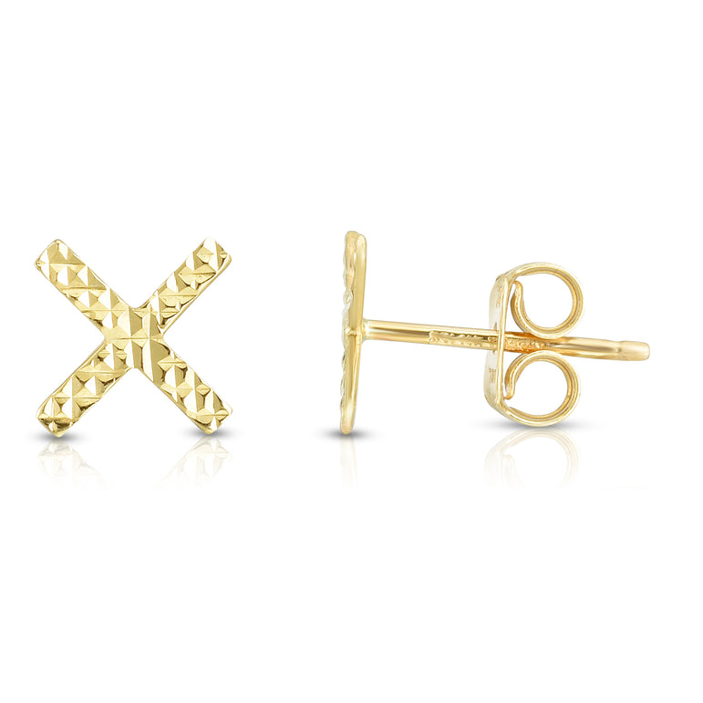 14K Gold Diamond Cut X Stud Earring-Yellow | Push Back