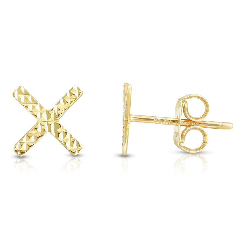 14K Gold Diamond Cut X Stud Earring-Yellow | Push Back
