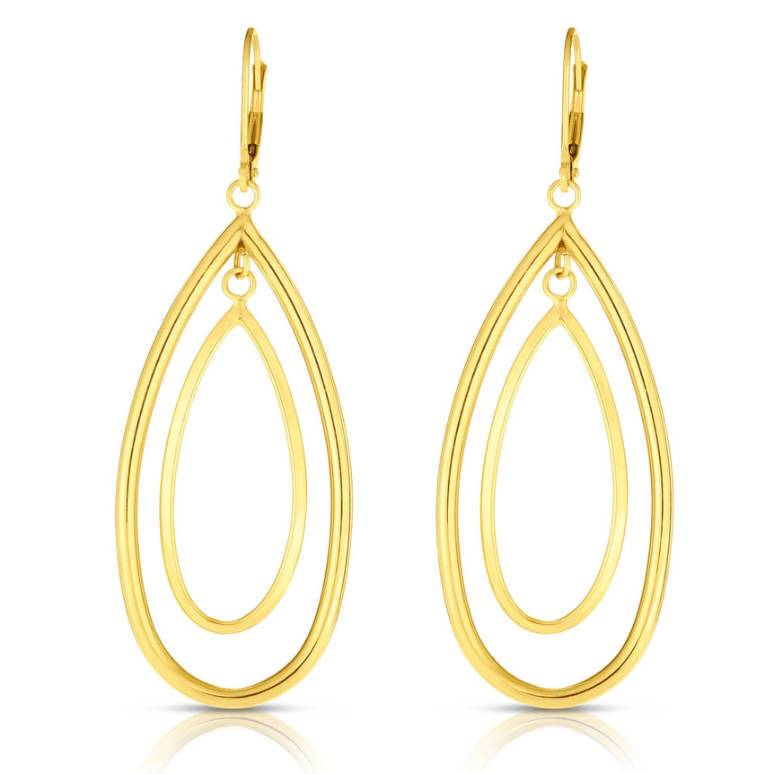 14K Gold Polished Double Oval Multi-Layered Dangle Earring-Yellow | Lever Back