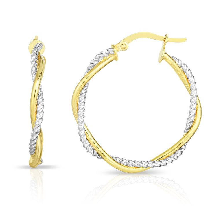 14K Gold Round Twist & Polished Hoop Earring-Two-tone | Hinged
