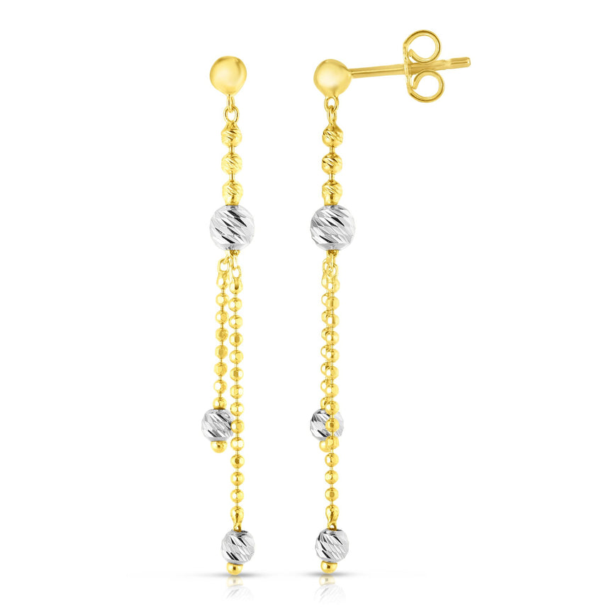 14K Gold Diamond Cut Bead Station Drop Earring-Two-tone | Push Back