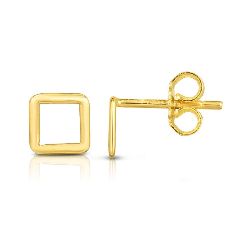 14K Gold Open Square Stud Earring-Yellow | Push Back