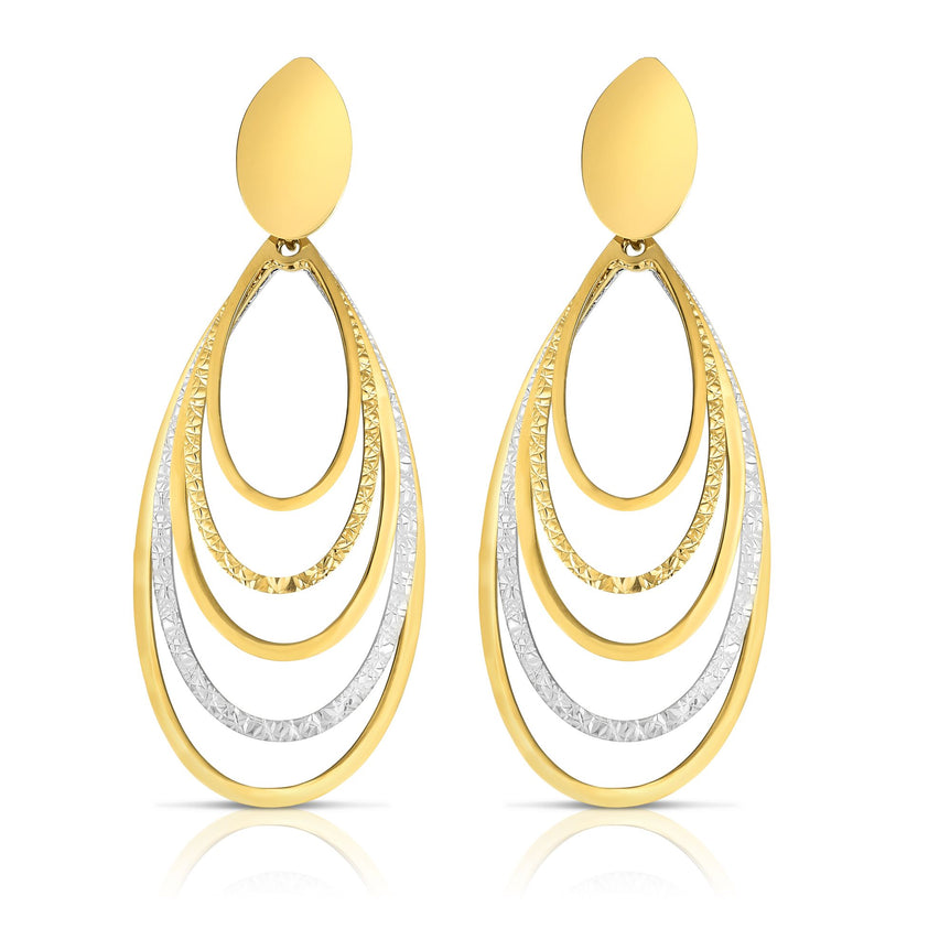 14K Gold Diamond Cut & Polished Oval Multi-Layered Dangle Earring-Two-tone | Push Back