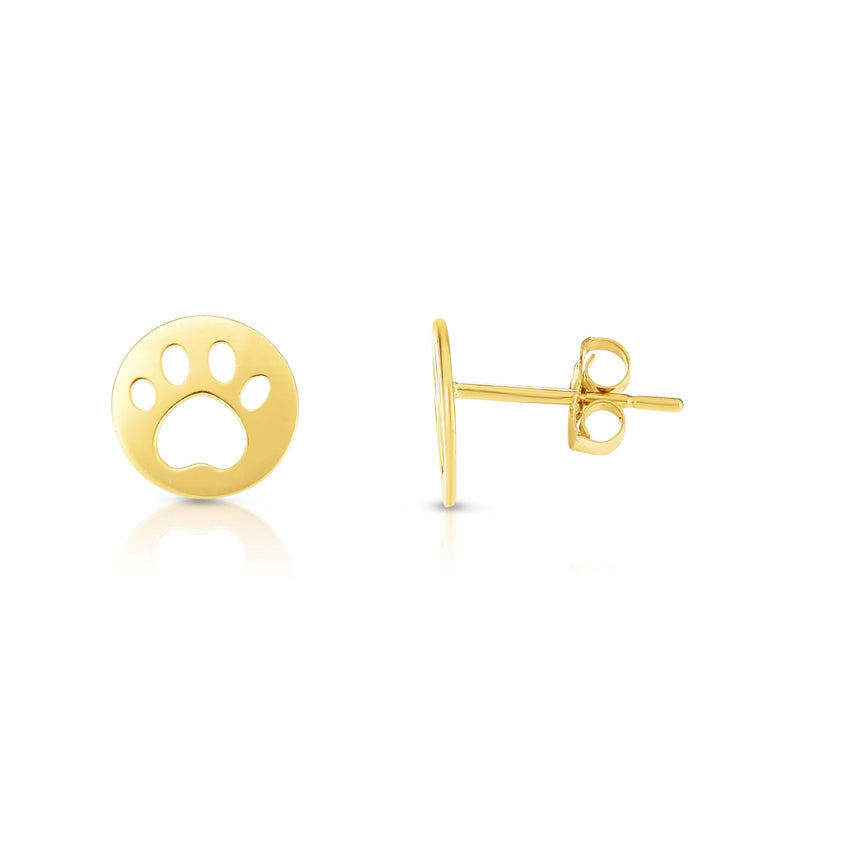 14K Gold Paw Print Stud Earring-Yellow | Push Back