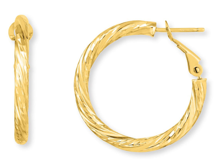 14K Gold Diamond Cut Large Omega Back Hoop Earring-Yellow | Hinged