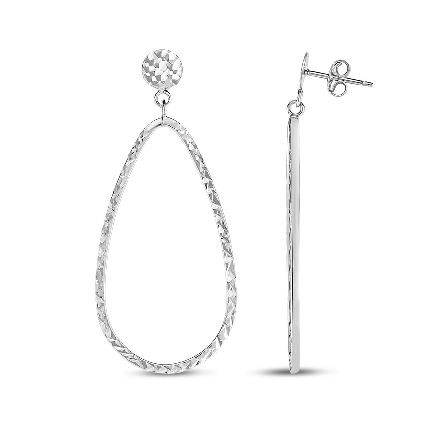 14K Gold Diamond Cut Tear Drop Earring-White | Push Back