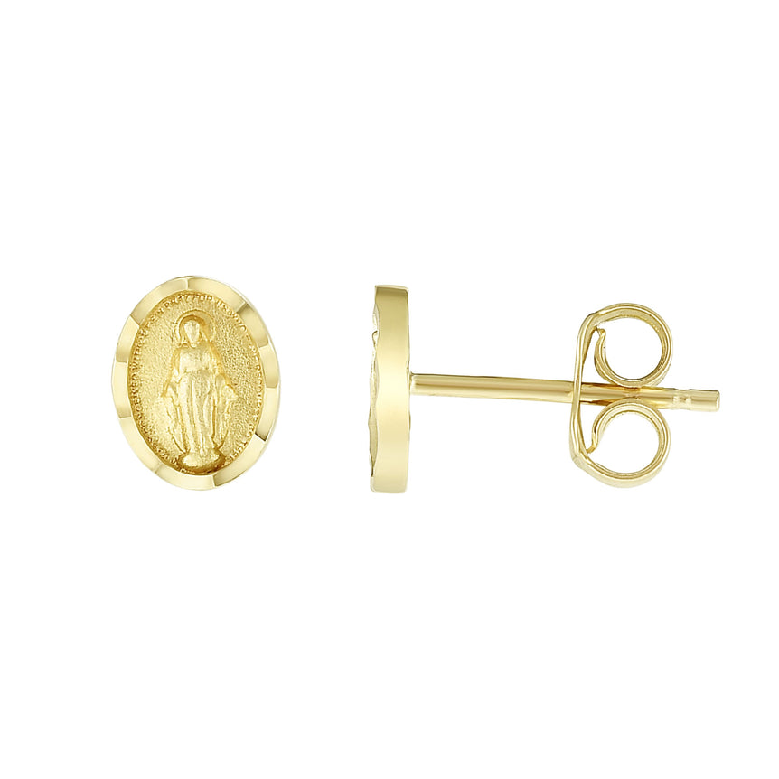 14K Gold Virgin Mary Stud Earring-Yellow | Push Back