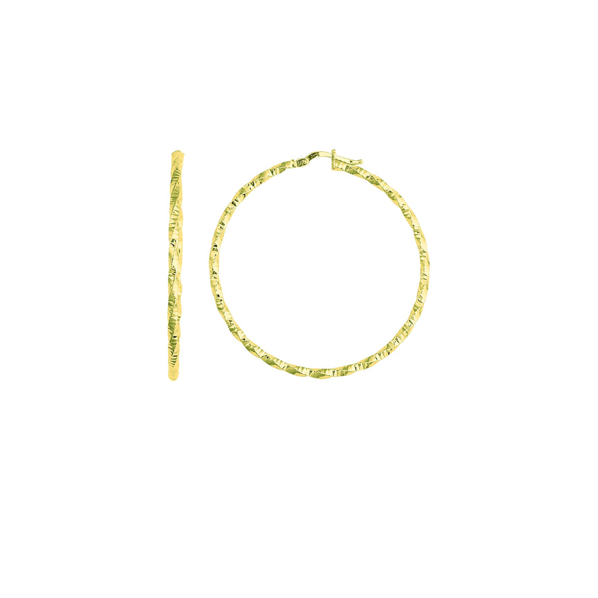 14K Gold Round Diamond Cut Hoop Earring-Yellow | Hinged