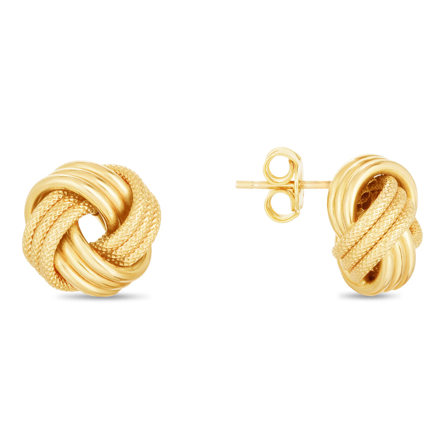 14K Gold Large Polished & Textured Love Knot Stud Earring-Yellow | Push Back