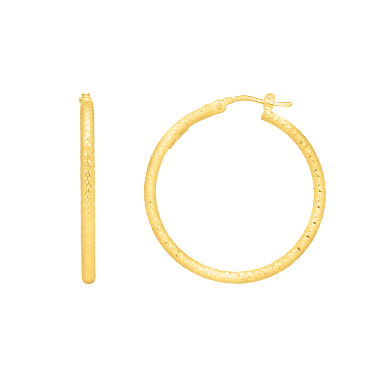 14K Gold Round Diamond Cut Hoop Earring-Yellow | Hinged