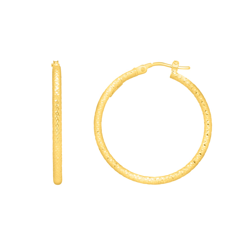 14K Gold Round Diamond Cut Hoop Earring-Yellow | Hinged