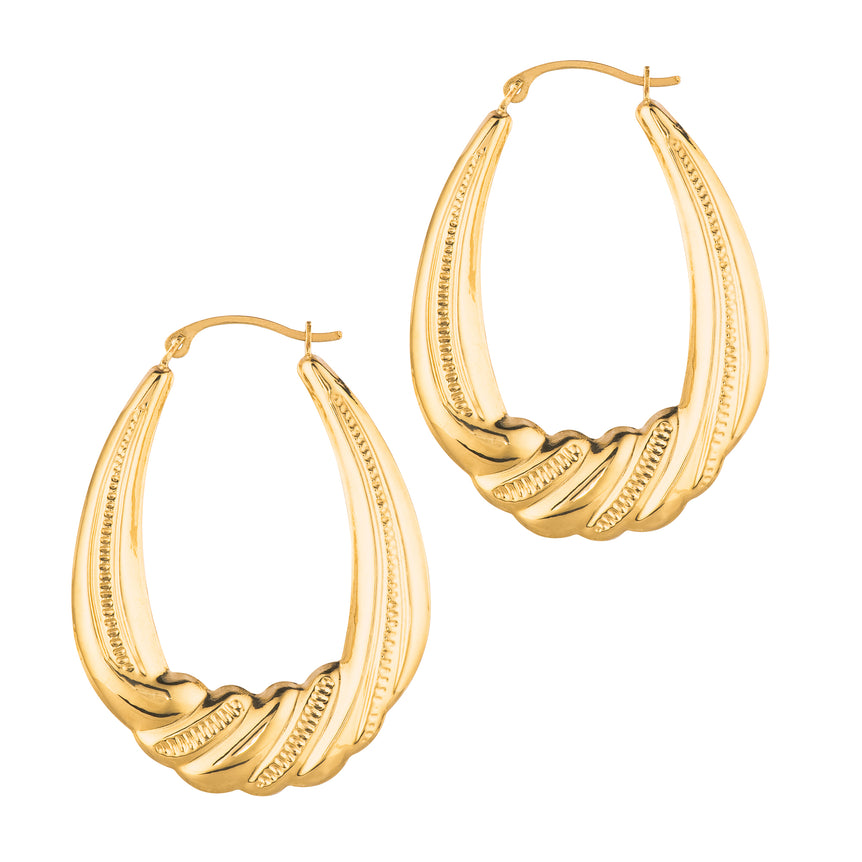 14K Gold Graduated Puffy Oval Twist Back to Back Hoop Earring-Yellow | Hinged