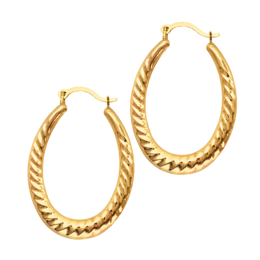 14K Gold Graduated Oval Twist Back to Back Hoop Earring-Yellow | Hinged