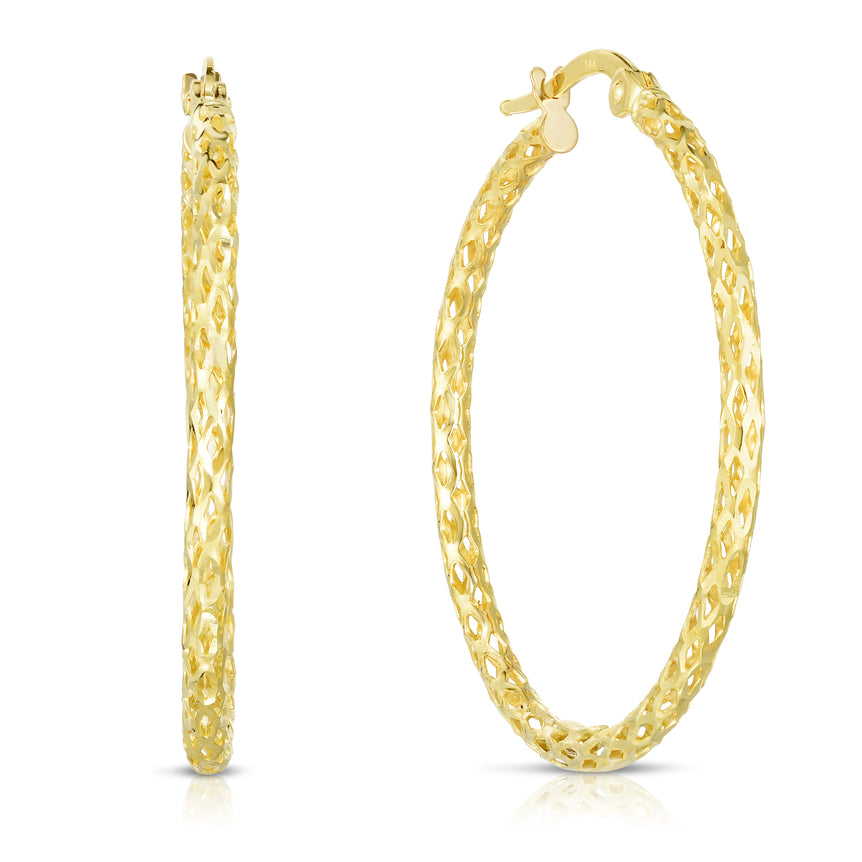 14K Gold Diamond Cut Hoop Earring-Yellow | Hinged