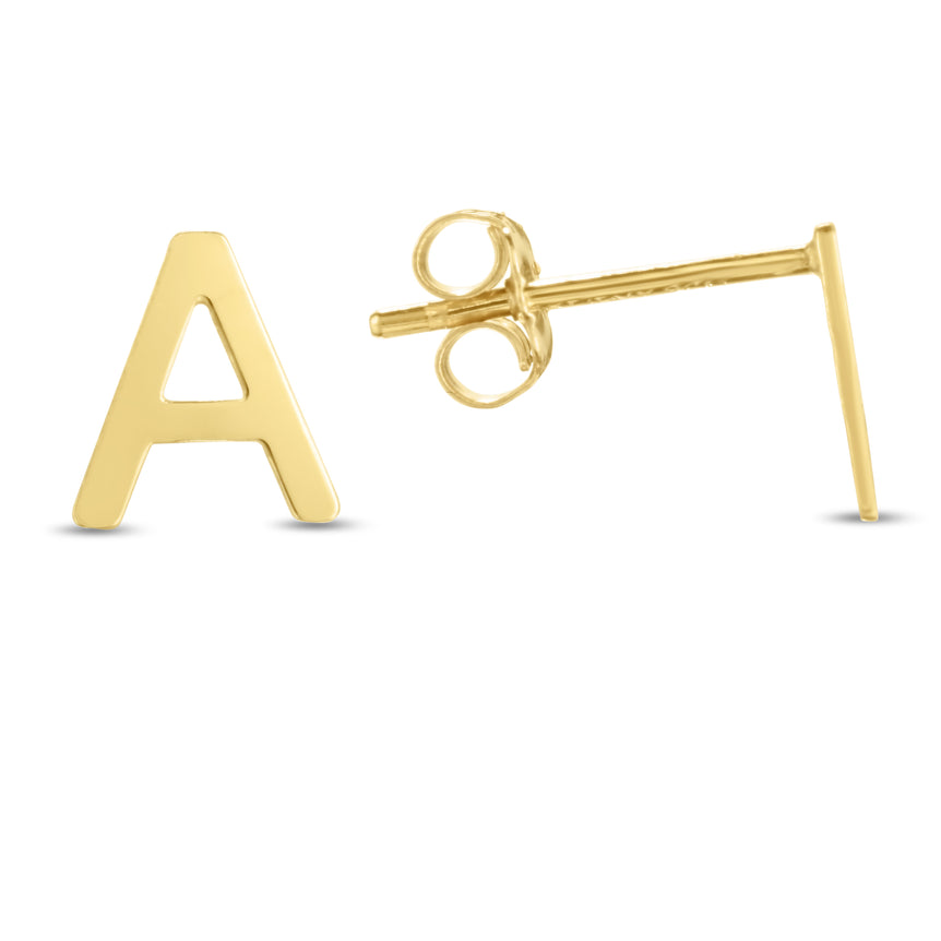14K Gold Initial A Stud Earring-Yellow | Push Back