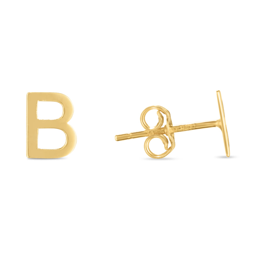 14K Gold Initial B Stud Earring-Yellow | Push Back