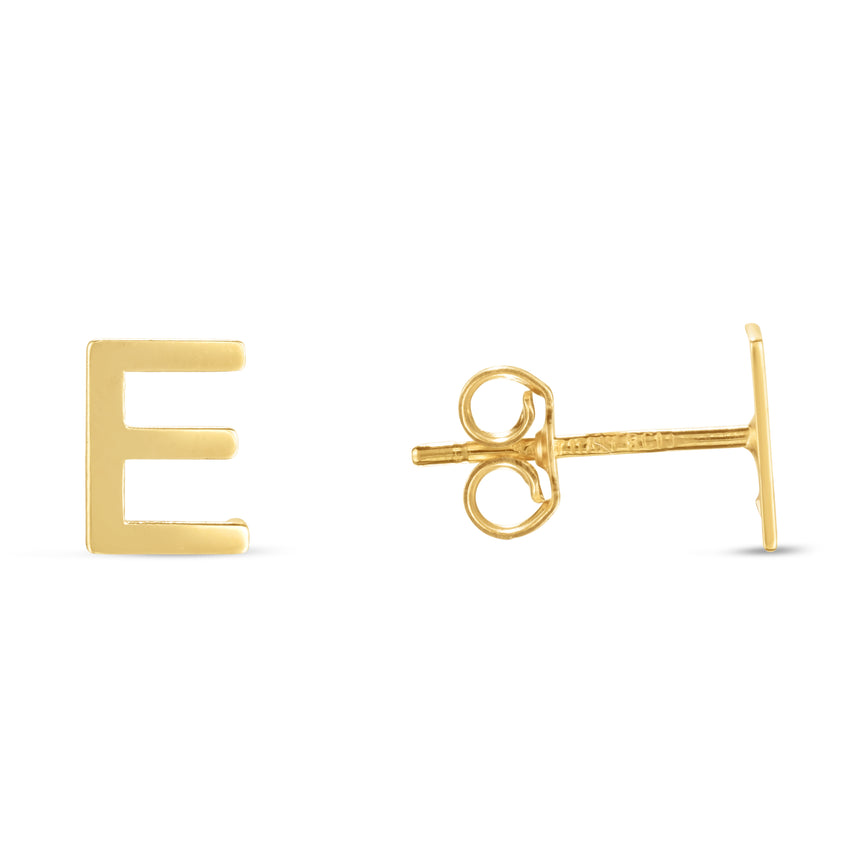 14K Gold Initial E Stud Earring-Yellow | Push Back