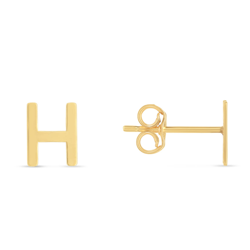 14K Gold Initial H Stud Earring-Yellow | Push Back
